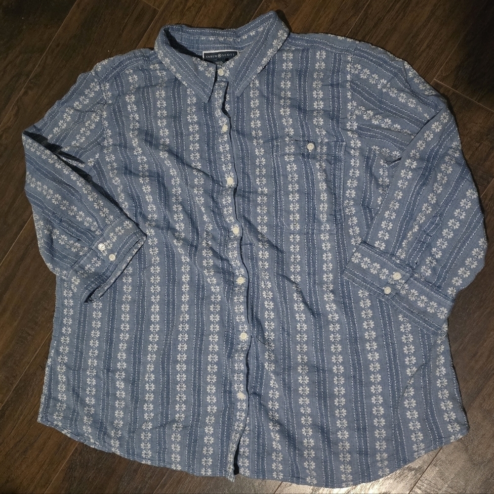 Karen Scott | Blue and White Floral Button-Down Top 3X